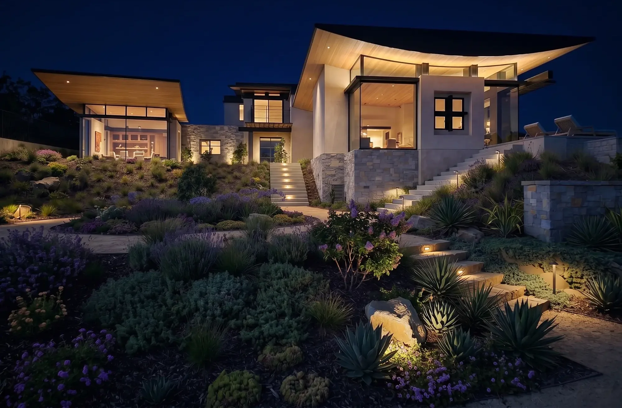 Modern Zen Mountain House at night, its curved wood-lined roof glowing above stone walls, lit steps and a planted garden