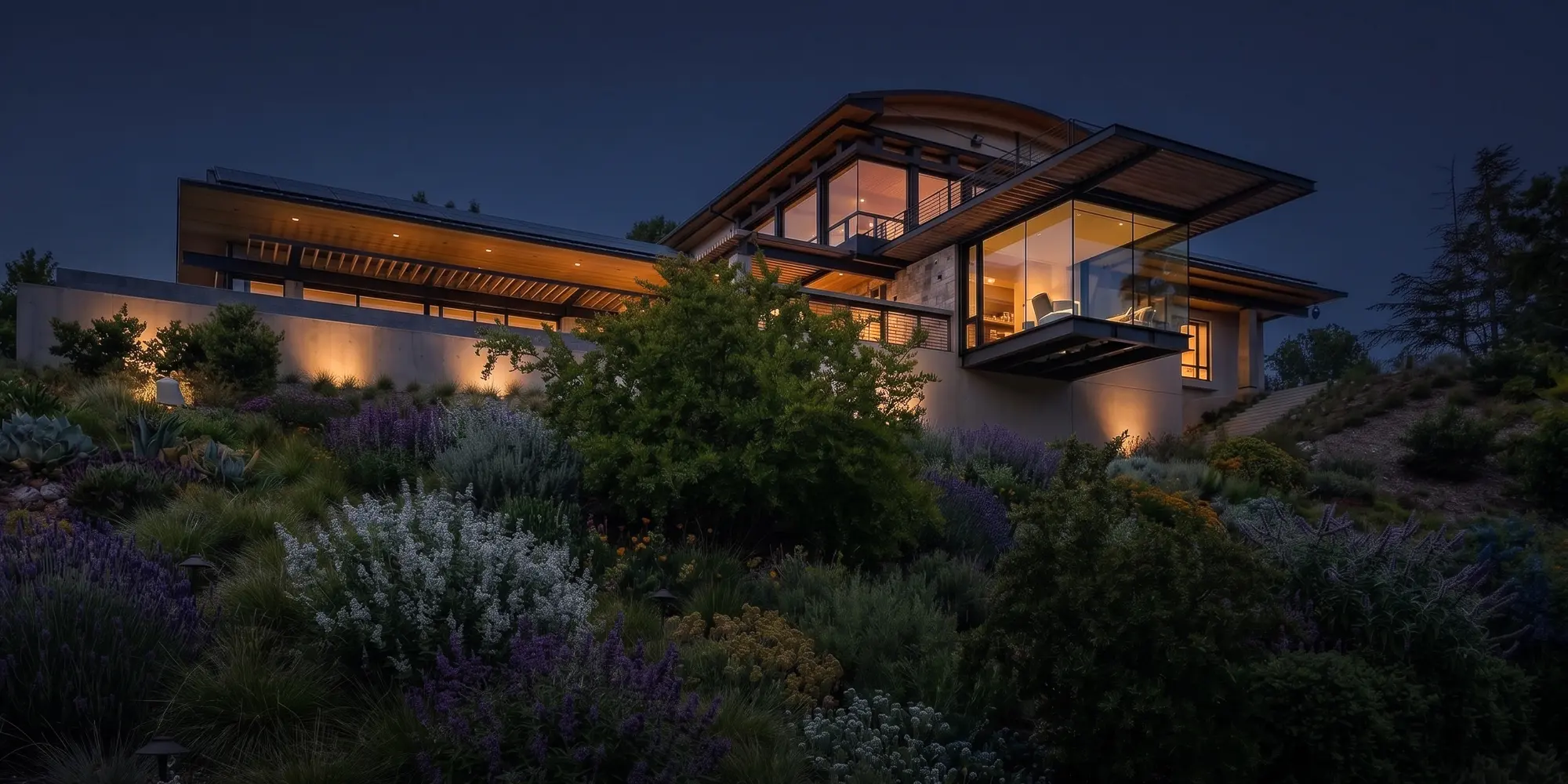 The sweeping winged roofline of the Modern Zen Mountain House