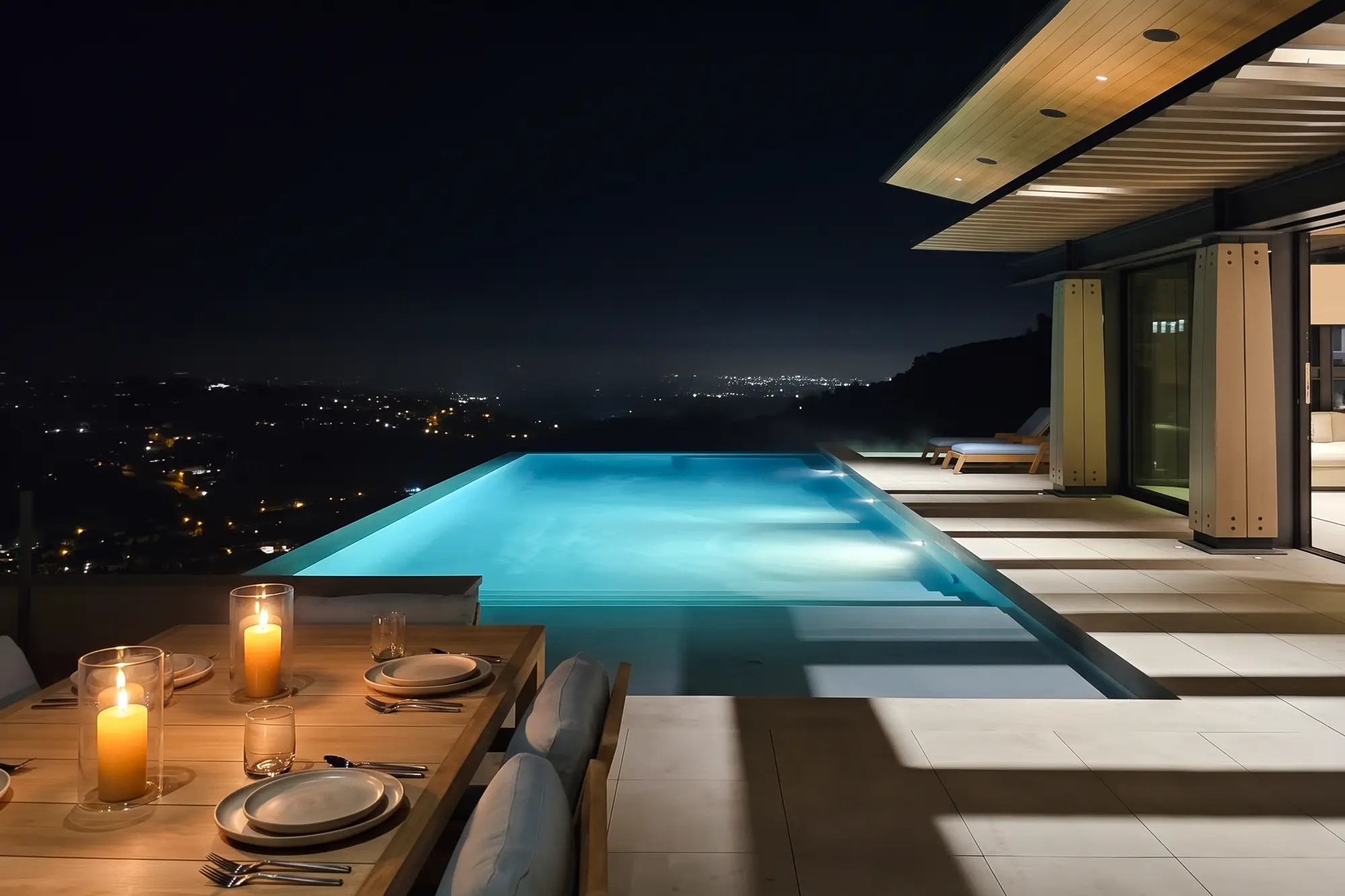 Lit infinity pool at night beside a candlelit outdoor dining table, wood-clad columns and valley city lights