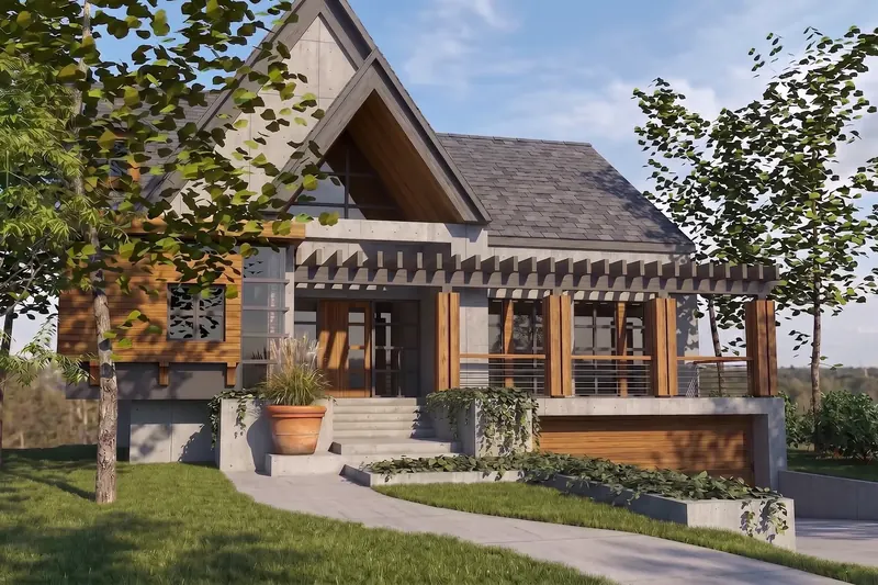 Modern gabled home with a tall glass gable, concrete stairs and planters, wood shutters and a timber pergola porch