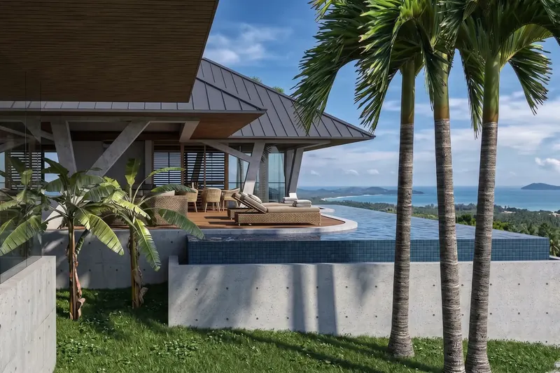 Hillside pavilion with metal hip roof and angled concrete columns beside an infinity pool overlooking the ocean and palms