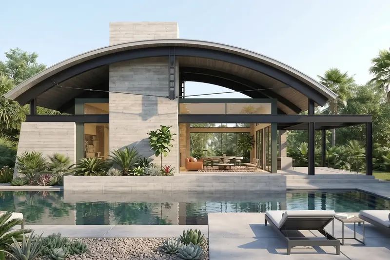 Modern home with a curved steel-framed arched roof, board-formed concrete walls, glass living room and pool among palms