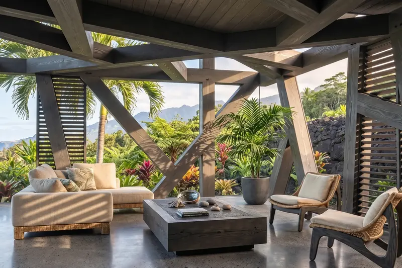 Glass-walled lanai with crisscrossing dark timber beams, louvered screens, cream sofa and views of tropical mountains