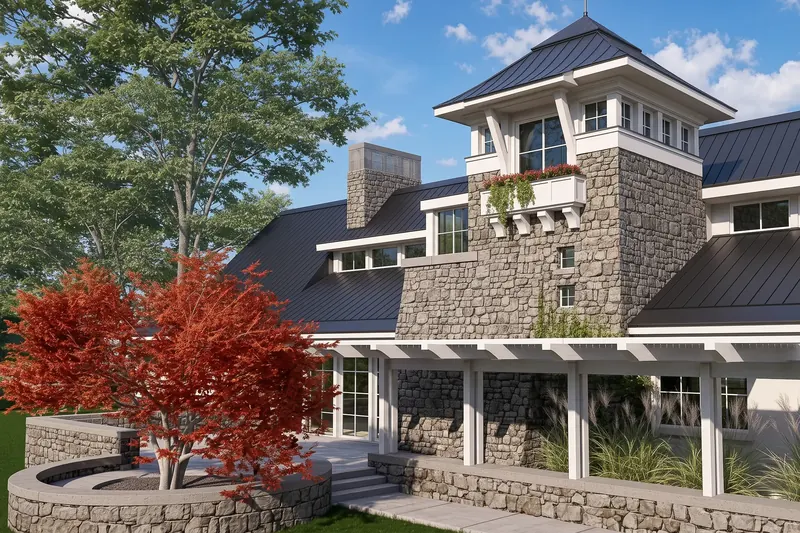 Stone tower with a white windowed lookout and flower box, metal roofs, white pergola and a red Japanese maple