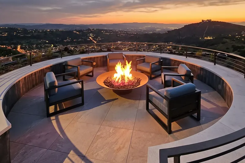 Circular sunken roof deck with lounge chairs around a fire bowl, overlooking city lights and hills at sunset