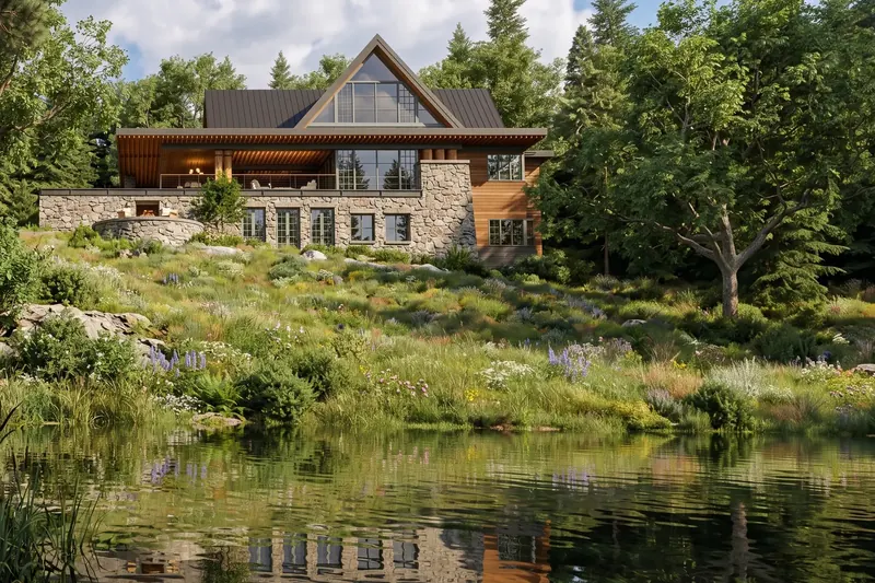 Stone and timber lake house with a tall glass gable on a wildflower hillside, reflected in the lake below