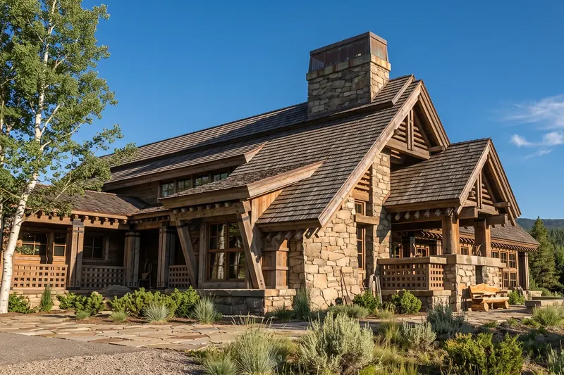 Heavy timber mountain home with stone chimney and copper cap, shake roof, lattice porch rails and aspen trees