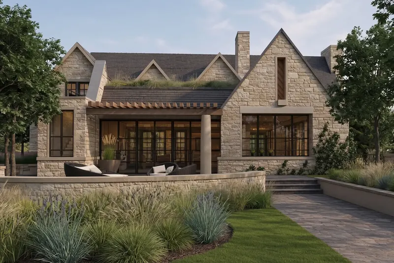 Limestone home with steep gables, planted roof, timber pergola over a glass wall and a curved stone terrace