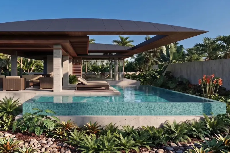 Tropical modern house with thin curved roof planes, wood-lined eaves, concrete columns and a mosaic-tiled raised pool