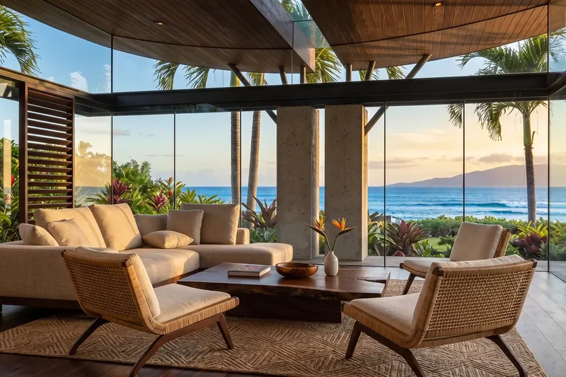 Glass-walled living room with curved wood ceilings, concrete columns, woven chairs and an ocean and island view at sunset