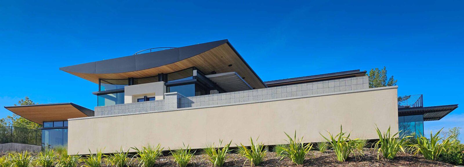 The sweeping winged roofline against a deep blue sky