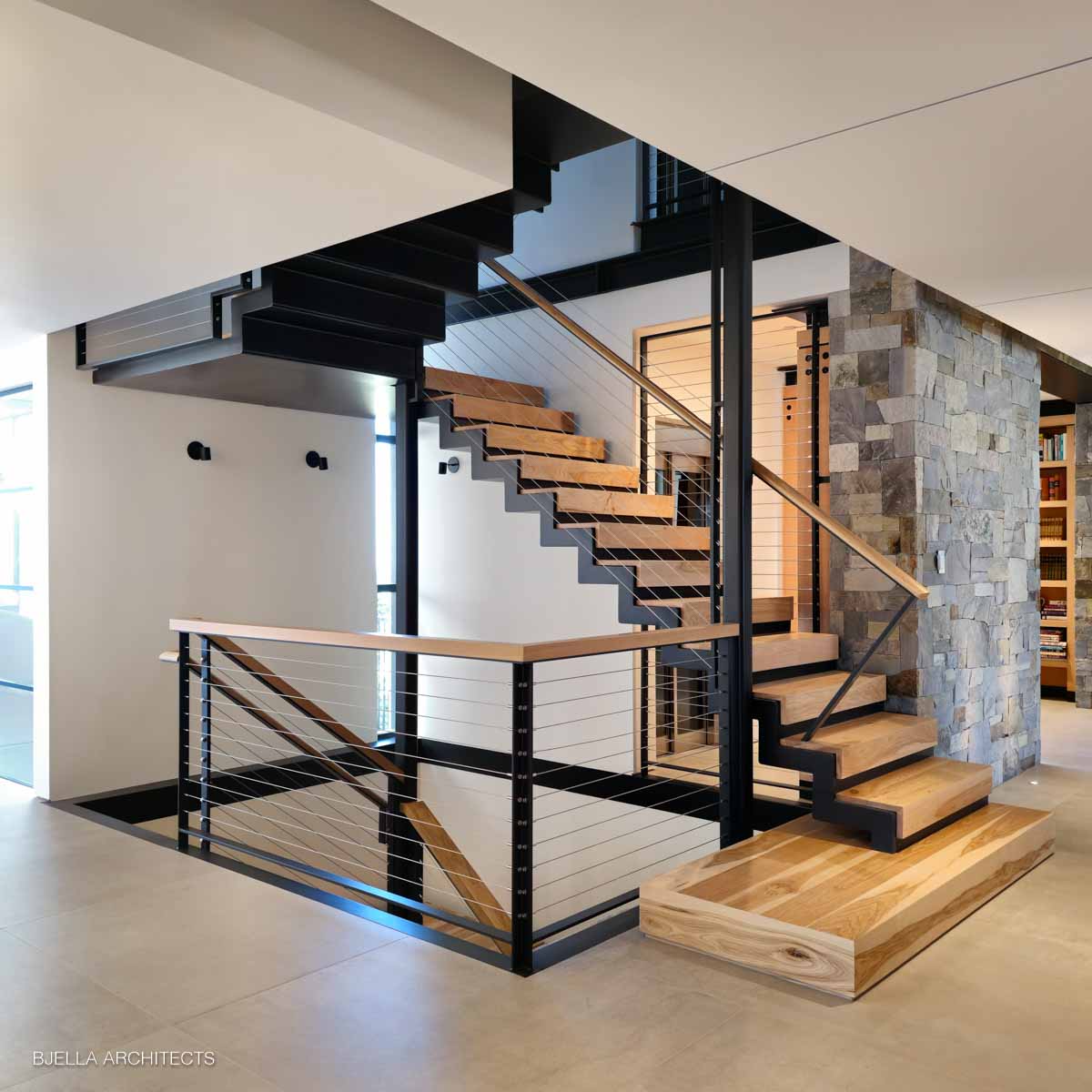 Floating wood and steel staircase