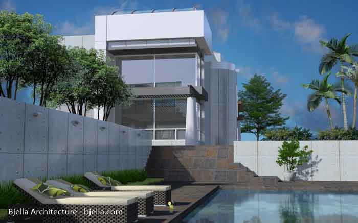 Concept rendering of a white glass and steel beach house
