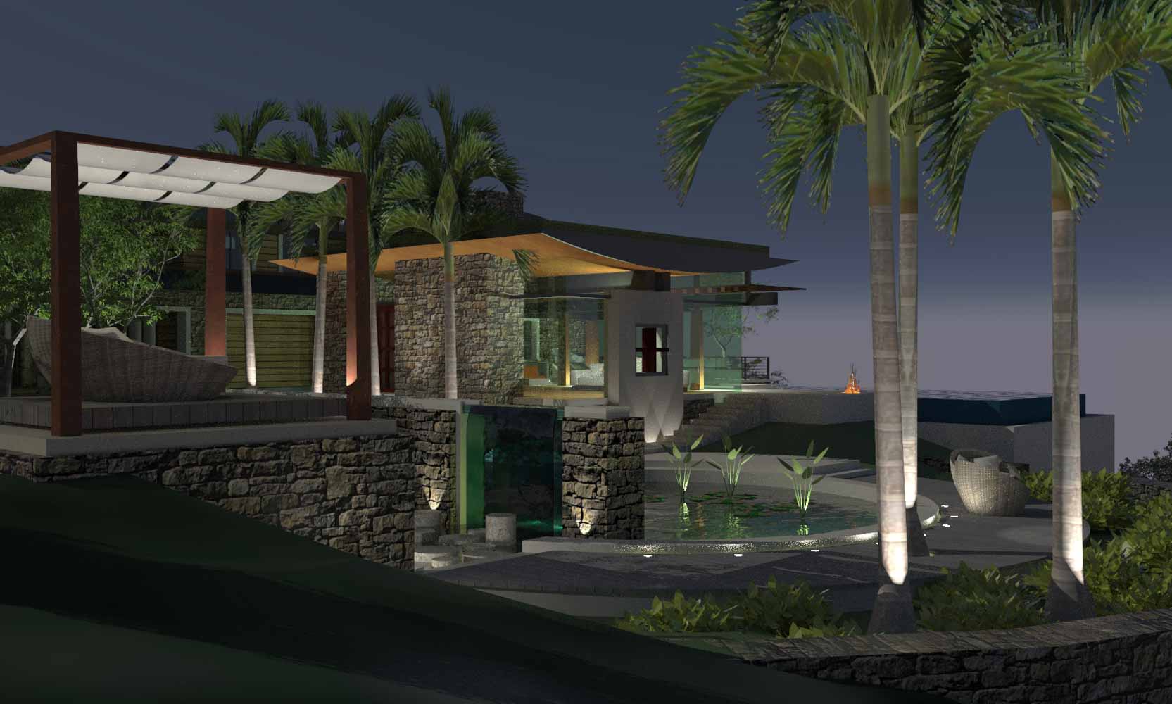 Concept rendering of a stone and glass island house at dusk