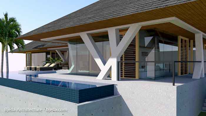 Concept rendering of a zen concrete and glass house in Kauai