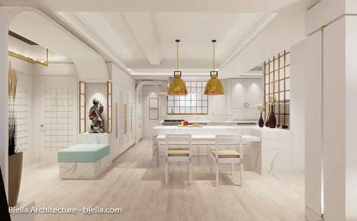 Concept rendering of a classical apartment renovation in brass and white