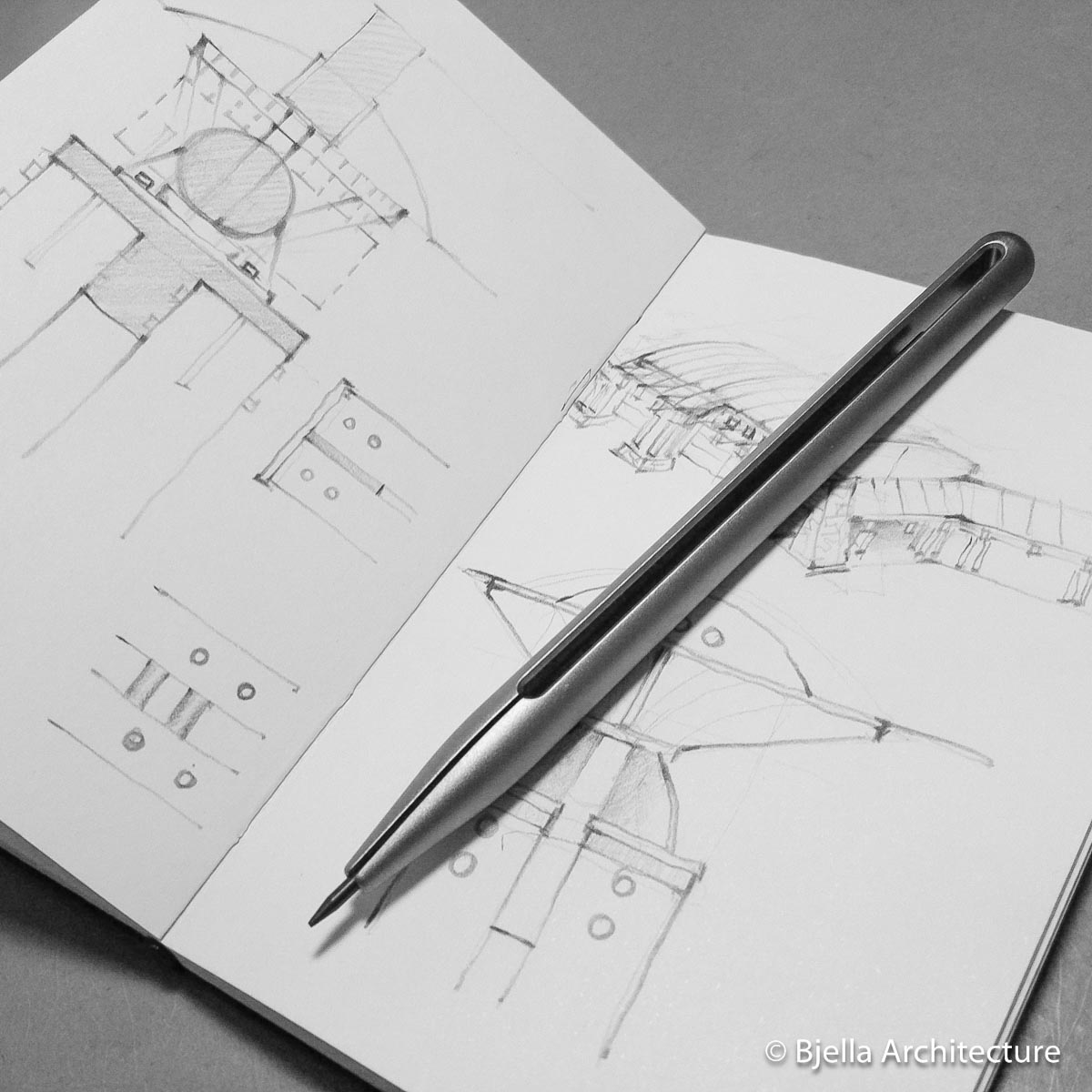 Tim Bjella's sketchbook with pencil studies of a house design