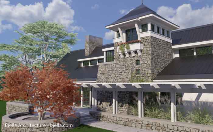 Concept rendering of a stone tower lake home