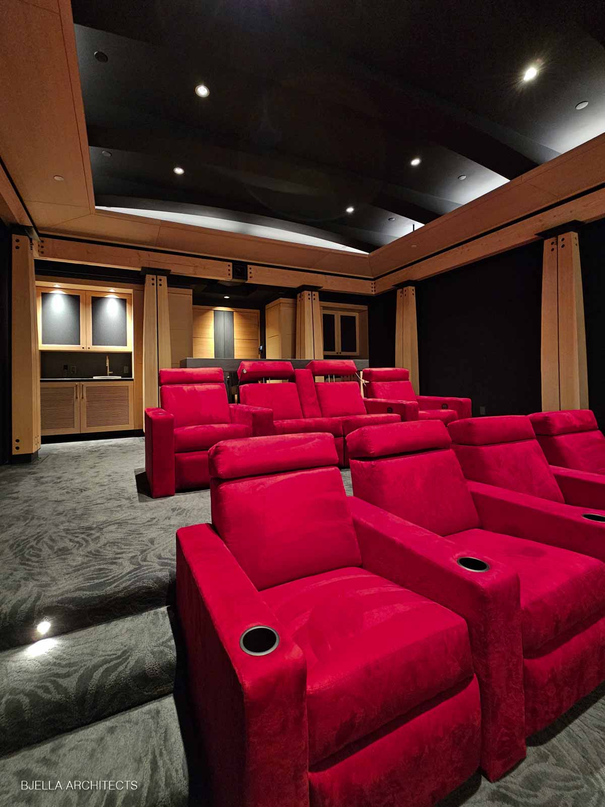The zen home theater with its Douglas fir colonnade