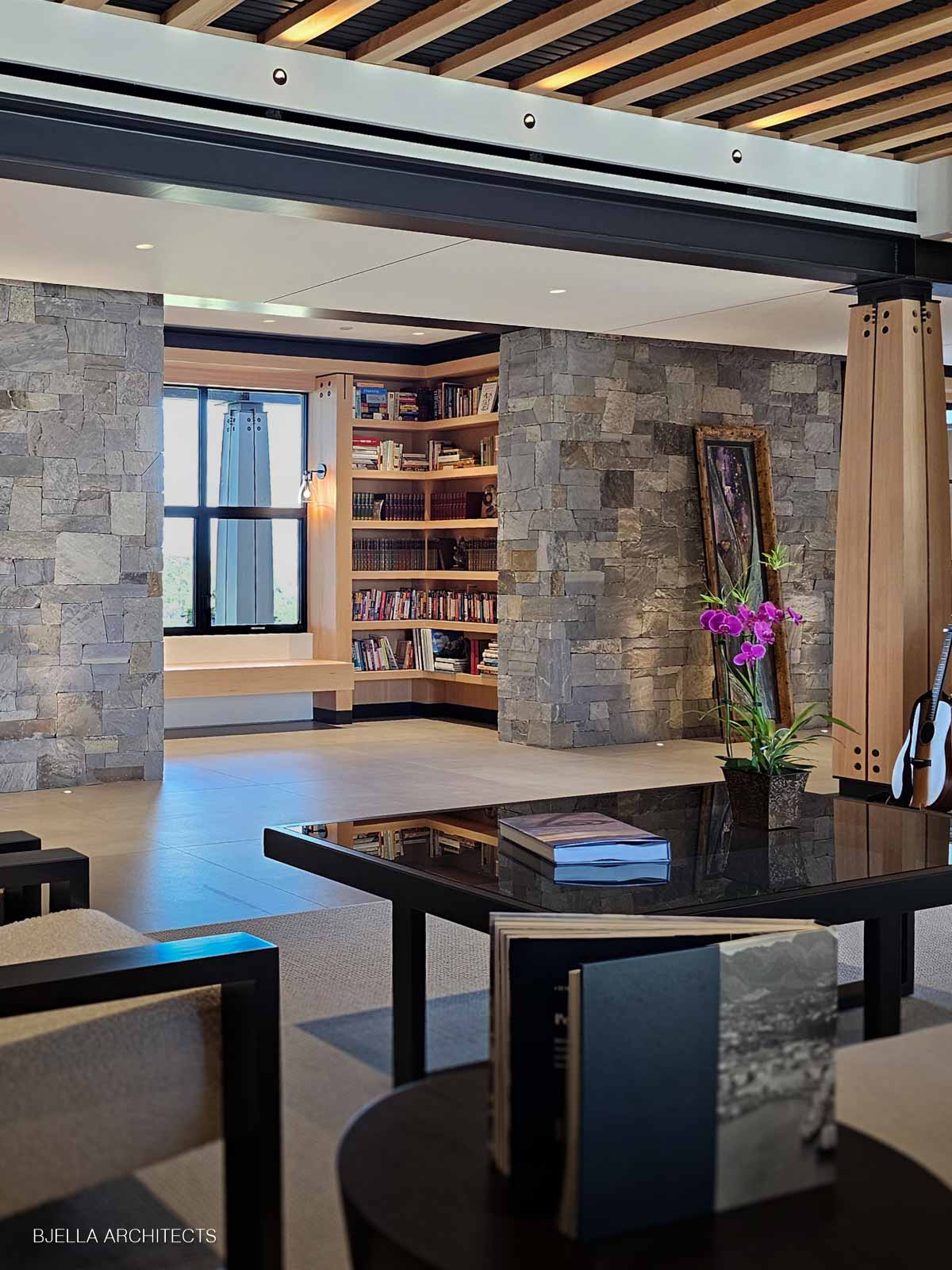 The library wall in stone and wood