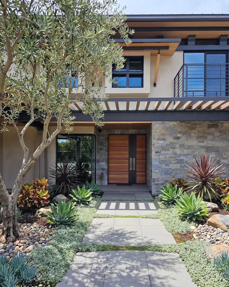 Front walk through agave and succulent planting to a wood double door set in a stone wall beneath a slatted canopy