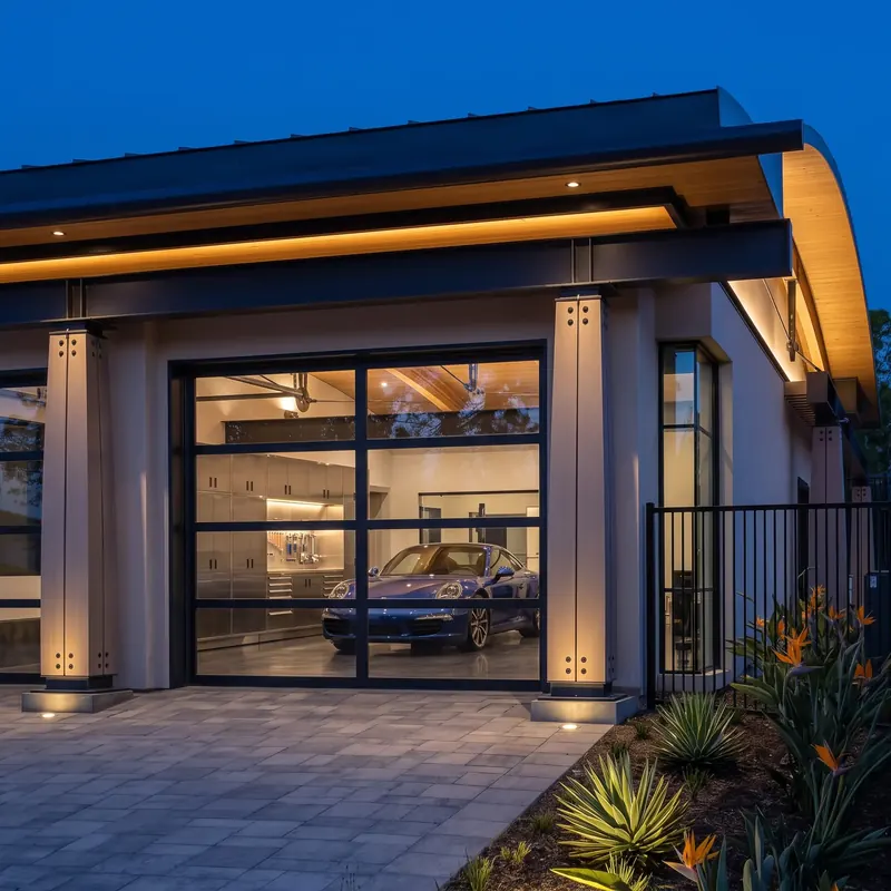 Glass-front garage at dusk with a sports car inside, a lit wood soffit and uplit columns