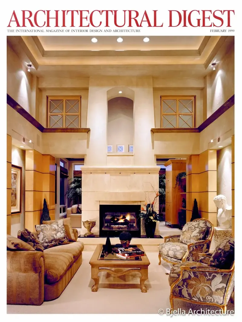 Architectural Digest February 1999 cover showing the remodeled living room and its fireplace