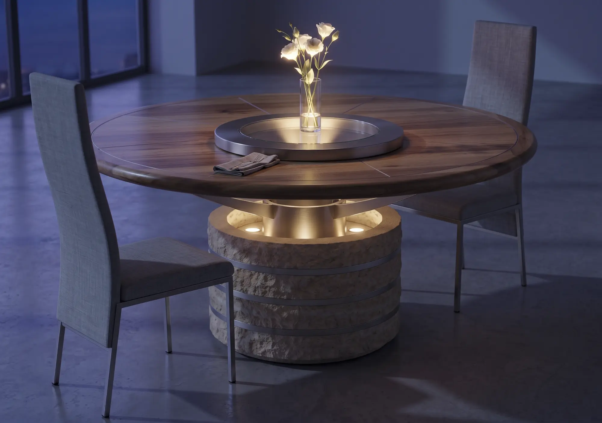 Bespoke round dining table at dusk, light rising from its steel-banded stone base beneath a lit steel center ring