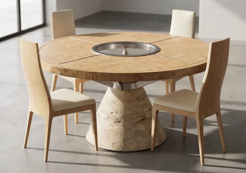 Round burl wood dining table by Bjella Architects with a steel center ring, a conical stone pedestal and four chairs