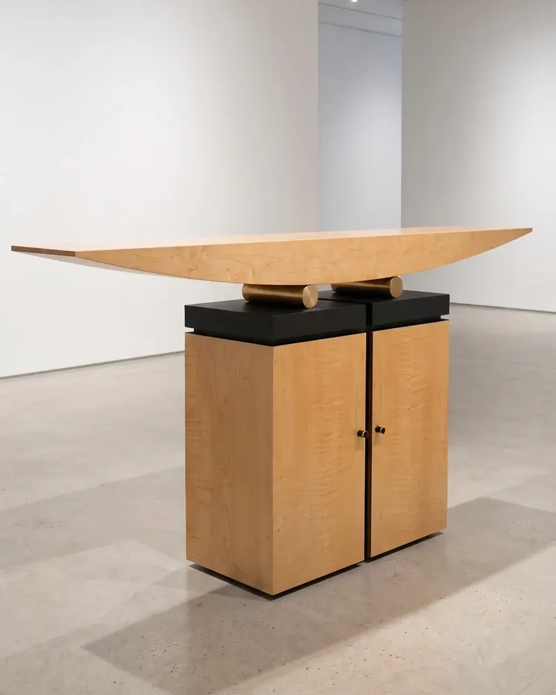 Curved maple console top resting on brass cylinders above a black-capped, two-door maple cabinet in a white room