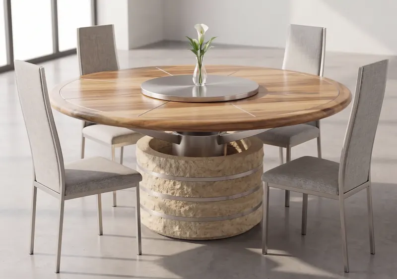Round wood dining table with a stainless steel center disc on a steel-banded rough stone base, set with four chairs