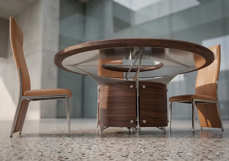 Round wood dining table on a stainless steel and wood drum base, with tan leather chairs on a terrazzo floor