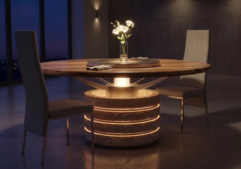 Round wood and stone dining table glowing at night, with bands of light set into its rough stone base