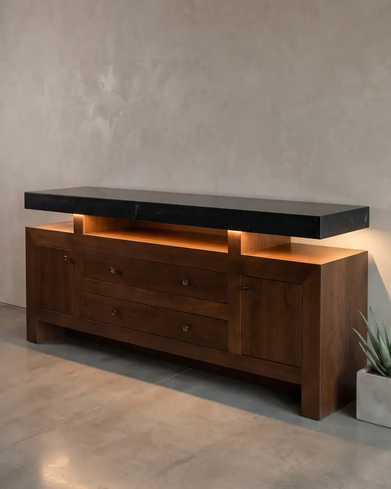 Dark wood serving cabinet with drawers and doors under a floating black stone top, lit warmly from beneath