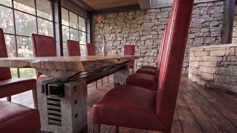 Live-edge wood dining table on concrete and steel supports, lined with red leather chairs beside a stone wall