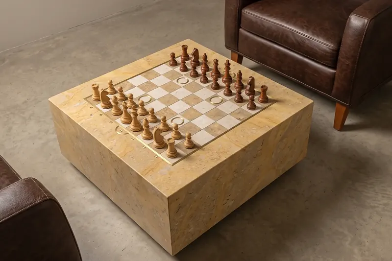 Square stone game table with an inlaid chessboard and brass ring details, set between two leather armchairs