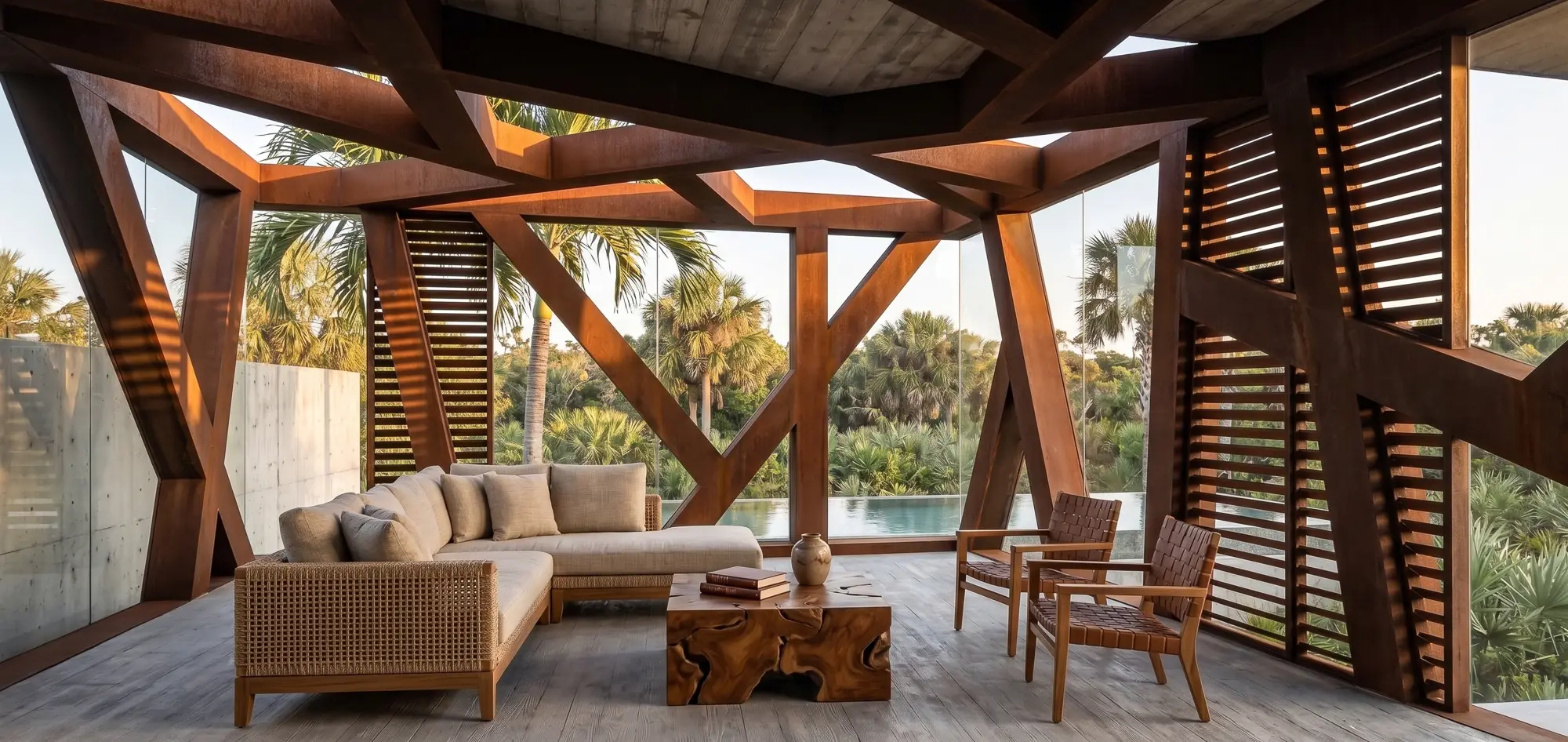 Lounge under exposed weathering steel framing and slatted screens, woven sofa, root-wood table and leather chairs, pool beyond