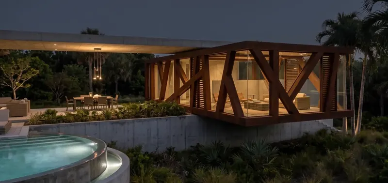 Bird’s Nest Artist’s Retreat at dusk: lit glass and steel volume, covered dining terrace, and glowing pool