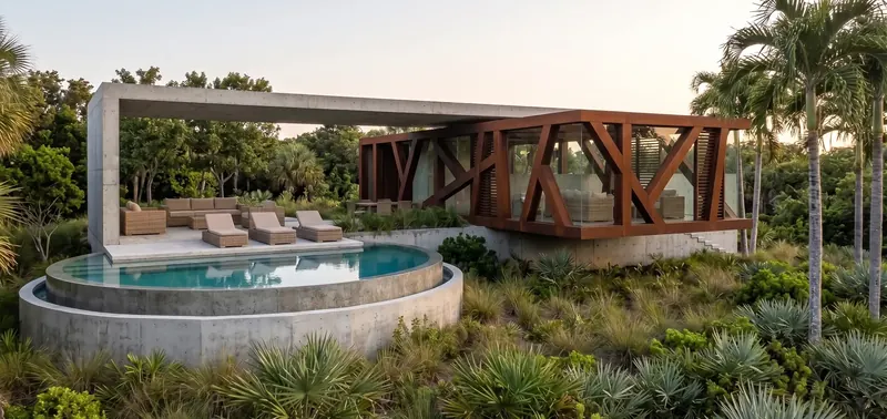 Bird’s Nest Artist’s Retreat: weathering steel volume beside a concrete canopy, terrace lounge chairs and round pool in native planting