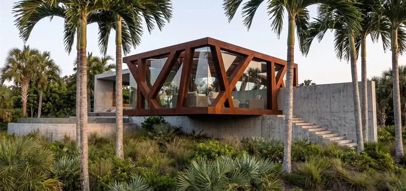 Glass living volume wrapped in diagonal weathering steel, cantilevered over a concrete base and stair among palms