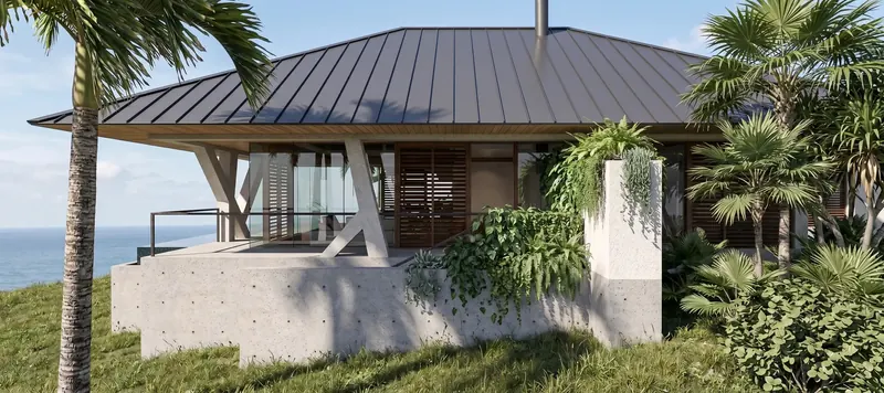 Concrete base and branching columns under a broad hipped metal roof, with ferns, palms and the ocean beyond