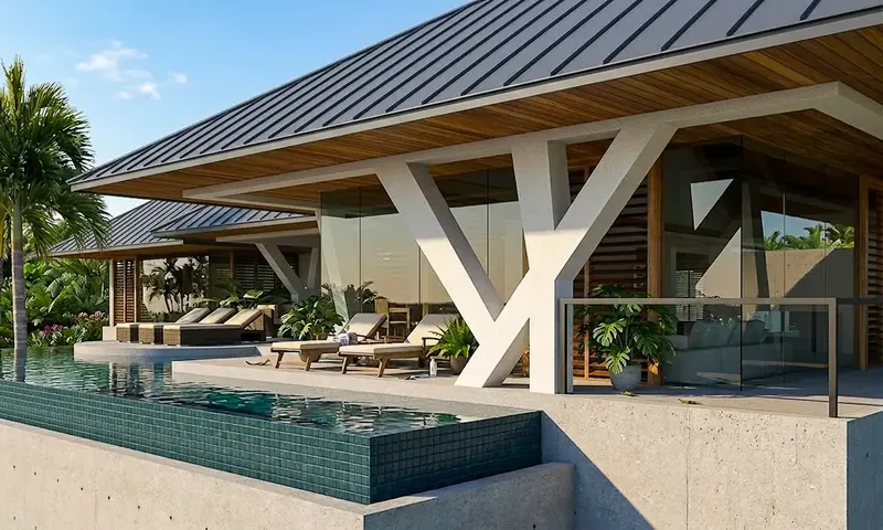 Angled white columns branching up to a standing-seam roof with wood soffits, beside a deep green tiled infinity pool