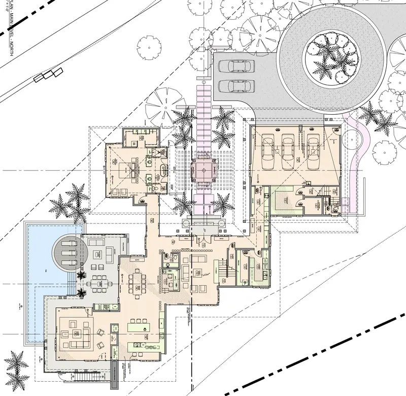Main level floor plan showing the pool, outdoor living area, living, dining and kitchen spaces, a suite and a garage
