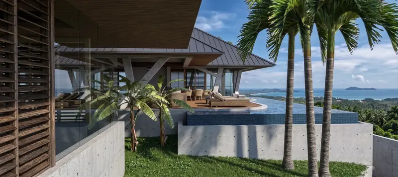 Canopy Pavilion on a hillside in Kauai, its tiled infinity edge pool running toward the Pacific beyond palm trees