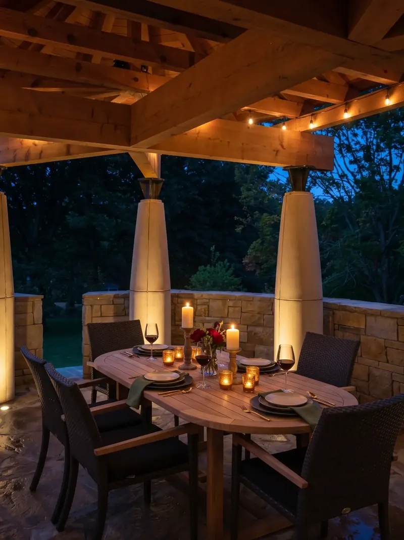 Dining pavilion at night, candles on the table and uplit tapered columns beneath the timber beams