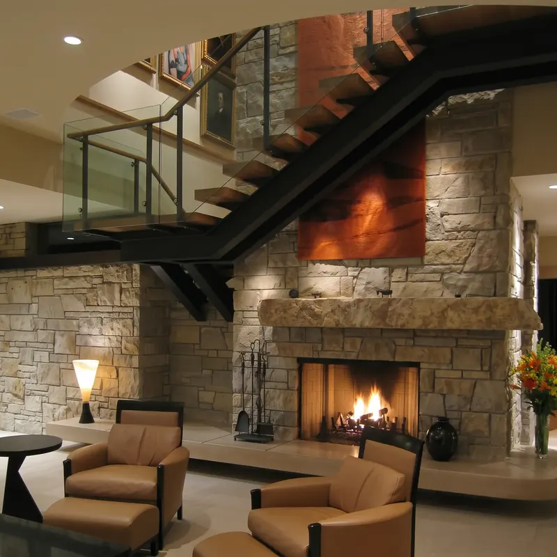 Living room with a stone fireplace and slab mantel, tan lounge chairs and an open stair with glass rails