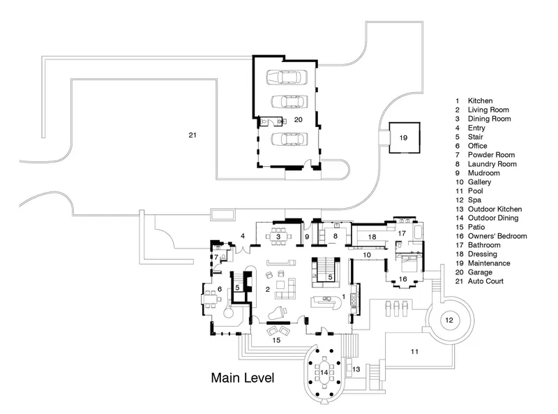 Copper Clad Eclectic Home main level floor plan with garage, auto court, living spaces, pool, spa and outdoor dining