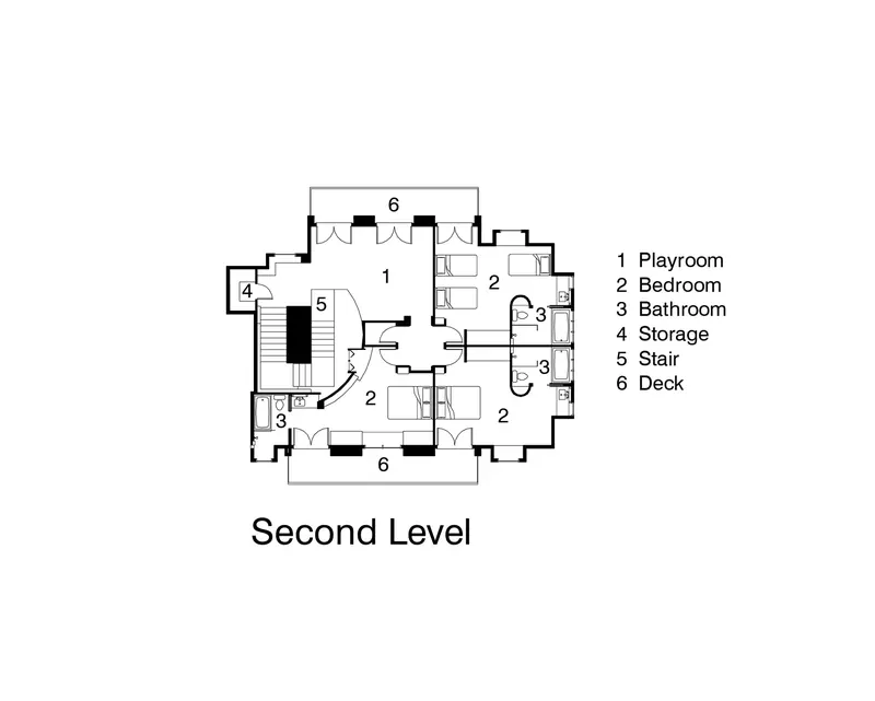 Second level floor plan showing a playroom, three bedrooms, bathrooms, stair and two decks