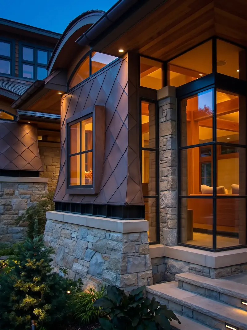 Copper-clad bay at dusk beside tall dark-framed windows, warm light from the interior spilling outside