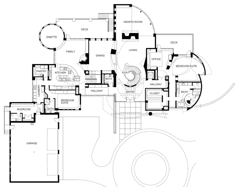 Main level floor plan with entry, spiral stair, living, hearth room, kitchen, dinette and garage